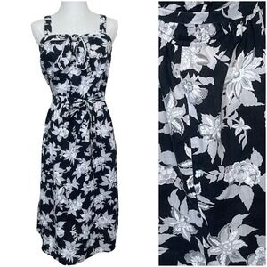 Vintage Black White Floral Midi‎ Dress 14 Tie Bow Pin Up Retro Belted A Line